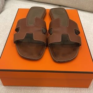 Hermes Oran Gold Sandals 38
